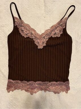 Chocolate Brown Ribbed Lace Trim Cami - Coquette Y2K Aesthetic Tank